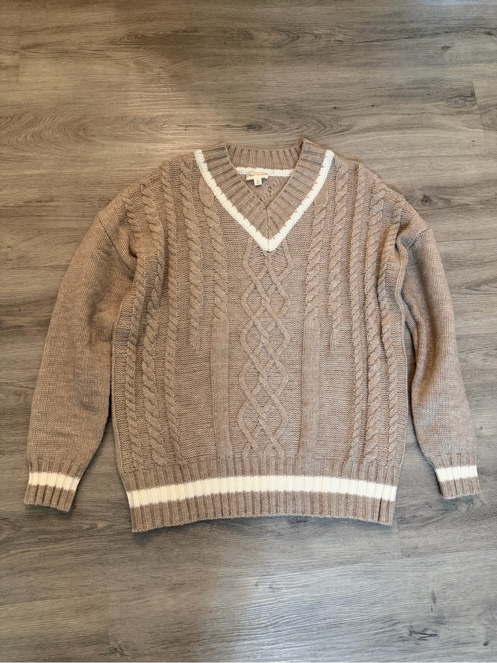 Hem & Thread Taupe Cable Knit V-Neck Sweater with Cream Accents